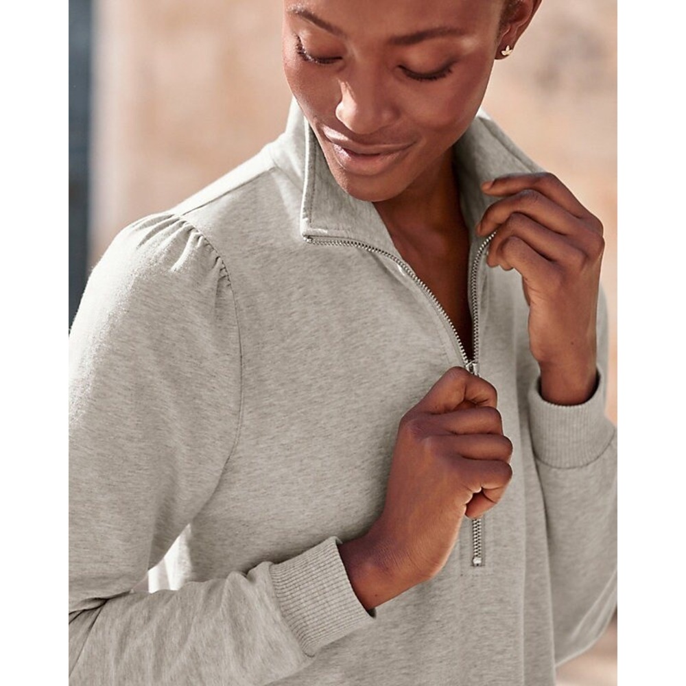 Garnet Hill Quarter-Zip French Terry Puff Sleeve Dress Heather Gray Pocket Small